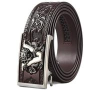 AGUTALITHIC Hombre Cinturón Western Flor En Relieve Cinturones De Trinquete Correa De Cuero Con Hebilla Deslizante Automática Estampado Grabado De V-Dragon(130cm/51, Brown-Silver)