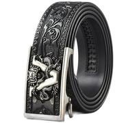 AGUTALITHIC Hombre Cinturón Western Flor En Relieve Cinturones De Trinquete Correa De Cuero Con Hebilla Deslizante Automática Estampado Grabado De V-Dragon(115cm/45, Black-Silver)