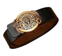 AGUTALITHIC Hombre Mujer Cinturón Con Broche Vaquero/Vaquera Correa De Cuero Cinturones Hebilla Western Con Grabado Diseño De Cabeza Y Patas De León(140cm/55, Black-Gold)