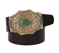 AGUTALITHIC Hombres Mujeres Vaquero Vaquera Cinturón De Cuero De Vaca Genuino Jade Natural Verde Claro Floral Grabado Hebilla Occidental Cinturones(115cm/45, Coffee)