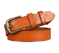 AGUTALITHIC Mujer Cinturón De Cuero con Flores Talladas Hecho a Mano con Relieve Cinturones Informal Hebilla Metálica Resistente En Plata Antigua(105cm/41, Orange)