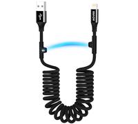 AGVEE Cable de carga USB a Lightning corto en espiral de 3 pies [certificado MFI] 3 A cable de carga rápida en coche para iPhone 14/13/12/11/XS/8/7/6/5 CarPlay, iPad, iPod, negro