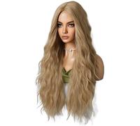 Agwuoetr Peluca de 72 cm Color Dorado, Cabello y Rizado para Mujer, Peluca con Raya Central, Flequillo, Peluca de Fibra QuíMica Ondulada en Agua