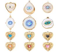 AHANDMAKER 12 dijes de mal de ojo, chapados en oro de 18 quilates, colgantes de la suerte de la mano de Hamsa, redondos, ovalados, corazones, lágrimas, planos, redondos, para hacer joyas, collares