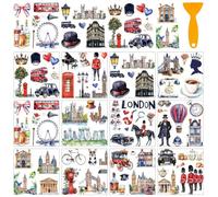 AHANDMAKER 12 hojas de calcomanías de transferencia con raspador, calcomanías temáticas británicas con ciudad de Londres, atracciones de la ciudad, escolta real para librería, sala de estudio, escuela