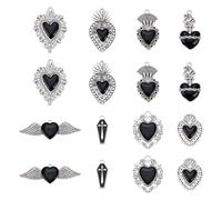 AHANDMAKER 16 dijes de corazón gótico de 8 estilos de amor negro, dijes de corazón sagrado, dijes de aleación esmaltada, colgante para el día de San Valentín, joyería, aretes, pulseras, collares