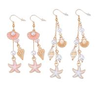 AHANDMAKER 2 pares de aretes de playa para mujer, 2 estilos dorados de conchas marinas, conchas, perlas, colgantes bohemios, joyería del océano para fiestas en la playa, regalos de vacaciones de