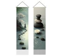 AHANDMAKER 2 piezas de tapiz de loto zen, agua y piedra, tapiz vertical largo con borlas, tapiz místico, decoraciones estéticas para dormitorio, salón, 116x33cm