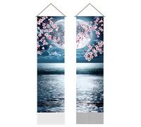 AHANDMAKER 2 tapices de paisaje de anime japonés, tapiz vertical con diseño de flor de cerezo y luna de océano, tapices estéticos de pared con borlas para decoración de sala de estar (45.7 x 13