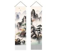 AHANDMAKER 2 tapices de pintura de paisaje asiático, estética de tinta oriental, árbol de montaña, arte japonés, tapiz de borla colgante para dormitorio, sala de estar, decoración interior (45.7 x 13