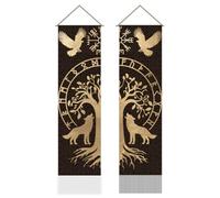 AHANDMAKER 2 tapices de runas vikingas con árbol de la vida, águila y lobo vertical, decoración con borlas para dormitorio y salón (45,7 x 13 (5) cm