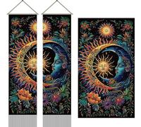 AHANDMAKER 2 tapices de sol y luna, tapiz vertical largo psicodélico floral místico para colgar en la pared, tapiz de pared con borlas de plantas vintage para dormitorio y sala de estar (45.7 x 13)