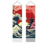 AHANDMAKER 2 tapices japoneses con diseño de olas del océano, flores de cerezo Kanagawa oriental asiático, tapiz de fusión para colgar en dormitorio, sala de estar, toque decorativo (45.7 x 13