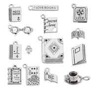 AHANDMAKER 56 dijes de plata envejecida de 14 estilos, colgantes de metal con temática de biblioteca escolar, taza de café, cuaderno, gafas, estudio, para hacer joyas, collares, pulseras, llaveros