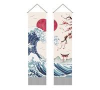 AHANDMAKER Paquete de 2 tapices japoneses con olas del océano, sol rojo y olas y flores de cerezo rojas, tapiz de borla para habitación, 13 x 51 pulgadas