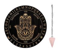 AHANDMAKER Tabla de Péndulo de Bruja, 7.8'' Metafísica de Adivinación Radiestesia Tablero de Madera Tallada con Cristal Collar Tabla de Péndulo Redondo Kit Suministros de Altar, Hamsa