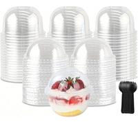 AHAQU 100 vasos de postre con tapas, vasos desechables de 250 ml con tenedores, vasos de plástico transparente con tapas de cúpula (sin agujero) para frutas, helados, dulces, bebidas frías
