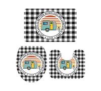 Ahdyr Juego de 3 Alfombrillas de baño, Alfombrilla de baño, Remolque de Camping, Fondo a Cuadros en Blanco y Negro, Alfombrilla Antideslizante Suave, Alfombrilla de Contorno y Tapa para bañera, du