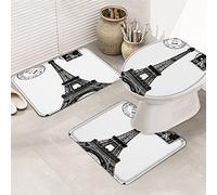 Ahdyr Juego de 3 Alfombrillas de baño con Sellos Vintage en Blanco y Negro para la Torre de París, ultrasuave, Antideslizante, Alfombrilla de Contorno y Tapa para bañera, Ducha y Cuarto de baño.