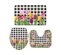 Ahdyr Juego de alfombras de baño de 3 Piezas Alfombra Flor de tulipán Cuadros en Blanco y Negro Alfombra Antideslizante Suave Alfombra de Contorno y Cubierta de Tapa para bañera Ducha y ba