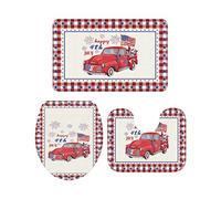 Ahdyr Juego de alfombras de baño de 3 Piezas Alfombra Happy 4th July Independence Day Retro Red Truck Pentagram and Fireworks Alfombra Antideslizante Suave Alfombra de Contorno y Cubierta