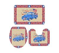 Ahdyr Juego de alfombras de baño de 3 Piezas Alfombra Happy 4th July Retro Blue Car and Red Striped Border Alfombra Suave Antideslizante Tapete de Contorno y Cubierta de Tapa para bañera,
