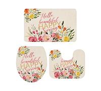 Ahdyr Juego de alfombras de baño de 3 Piezas Alfombra Hello Beautiful Happy Spring Vintage Flowers Alfombra Suave Antideslizante Tapete de Contorno y Cubierta de Tapa para bañera Ducha y c