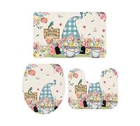 Ahdyr Juego de alfombras de baño de 3 Piezas Alfombra Hello Spring Flower and Blue GNOME Alfombra Antideslizante Suave Alfombra de Contorno y Cubierta de Tapa para bañera Ducha y baño