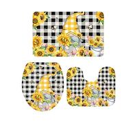 Ahdyr Juego de alfombras de baño de 3 Piezas Alfombra Hello Spring Girasol Gnomo y Flor Cuadros en Blanco y Negro Alfombra Suave Antideslizante Alfombra de Contorno y Cubierta de Tapa para