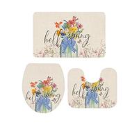 Ahdyr Juego de alfombras de baño de 3 Piezas Alfombra Hello Spring Pink Flower Bow Jarrón Alfombra Suave Antideslizante Tapete de Contorno y Cubierta de Tapa para bañera Ducha y baño