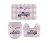 Ahdyr Juego de alfombras de baño de 3 Piezas Alfombra Hello Spring Púrpura Girly Acuarela a Cuadros Lavanda Alfombra Suave Antideslizante Alfombra de Contorno y Cubierta de Tapa para bañer