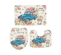 Ahdyr Juego de alfombras de baño de 3 Piezas Alfombra Hello Spring Tulip Flower Blue Truck Alfombra Suave Antideslizante Alfombra de Contorno y Cubierta de Tapa para bañera Ducha y baño