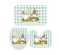 Ahdyr Juego de alfombras de baño de 3 Piezas Alfombra Hello Summer Farm Cute Dwarf Sunflower Bee On Aquatic Green Plaid Alfombra Suave Antideslizante Alfombra de Contorno y Cubierta de Tap