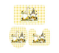 Ahdyr Juego de alfombras de baño de 3 Piezas Alfombra Hello Summer Farm Cute Dwarf Sunflower Bee On Yellow Plaid Alfombra Suave Antideslizante Alfombra de Contorno y Cubierta de Tapa para