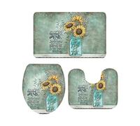 Ahdyr Juego de alfombras de baño de 3 Piezas Alfombra Vintage Farm Flower Sunflower On Blue Bottle Alfombra Suave Antideslizante Alfombra de Contorno y Cubierta de Tapa para bañera Ducha y