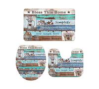 Ahdyr Juego de alfombras de baño de 3 Piezas Alfombrilla de baño Bless This Home Country Star and Farm Berry on Vintage Wooden Grain Suave Antideslizante Alfombra Alfombrilla de Contorno y cubiert