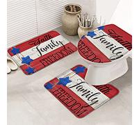 Ahdyr Juego de alfombras de baño de 3 Piezas Alfombrilla Día de la Independencia Ocean Blue Pentagram Twine Red White Stripe Wood Grain Ultra Soft Contour Mat & Tapa para bañera Ducha y baño-