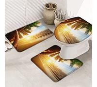 Ahdyr Juego de alfombras de baño de 3 Piezas Alfombrilla Dusk Ocean Coastal Seaside Golden Sundown Sunset Tropical Palm Tree Ultra Soft Contour Mat & Tapa para bañera, Ducha y baño