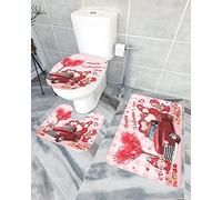 Ahdyr Juego de alfombras de baño de 3 Piezas Juego de alfombras Antideslizantes Happy Valentine's Rose Gnomes Love Heart Red Truck Pink Plaid Durable Alfombra de Contorno y Cubierta de Tapa de ino