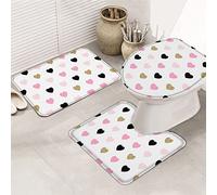 Ahdyr Juego de alfombras de baño de 3 Piezas Juego de alfombras de baño Happy Valentine's Day Cute Pink Love Romantic Golden Black Love Heart Juego de Alfombrillas Antideslizantes súper Suaves con