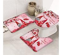Ahdyr Juego de alfombras de baño de 3 Piezas Juego de Alfombrillas de baño Happy Valentine's Day Sweet GNOME Rose Petal Love Balloon Love Tree Juego de Alfombrillas Antideslizantes súper Suaves co