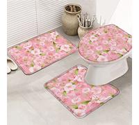 Ahdyr Juego de alfombras de baño de 3 Piezas Juego de Alfombrillas de baño Hello Spring Sweet Peach Blossom Fresh Beautiful Pink Petals Juego de Alfombrillas Antideslizantes súper Suaves con Tapa
