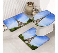 Ahdyr Juego de Alfombrillas de baño de 3 Piezas Alfombrilla de baño Torre Eiffel en París Green Vitality Grassland Blue Sky Clouds Alfombrilla de Contorno ultrasuave y Cubierta de Tapa para bañera,