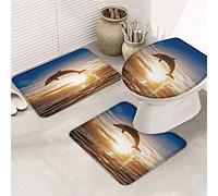 Ahdyr Juego de Alfombrillas de baño de 3 Piezas Alfombrilla de Ocean Beach Dolphins Leapingof The Sea Dazzling Sun Alfombrilla de Contorno Ultra Suave y Cubierta de Tapa para bañera, Ducha y baño-