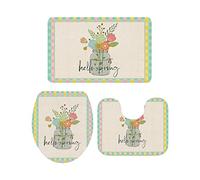 Ahdyr Juego de Alfombrillas de baño de 3 Piezas Alfombrilla Hello Spring Florero Rosa Verde Borde a Cuadros Suave Antideslizante Alfombrilla de Contorno y Tapa para bañera Duch