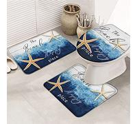 Ahdyr Juego de Alfombrillas de baño de 3 Piezas Alfombrilla Summer Ocean Beach is My Happy Place Starfish Blue Gradient Wood Grain Ultra Suave Antideslizante Alfombrilla de con
