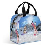 Ahdyr Lindo Chihuahua y conejito Esquí Bolsa de almuerzo aislada Bolsas de mano reutilizables con bolsillo y asa para hombres Mujeres Trabajo Picnic Viajes Oficina Playa