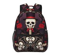 Ahdyr Mexican Sugar Skulls Day Of The Dead Red Roses Magic Hat Art Mochila Durable Poliéster Antirrobo Multiusos Bookbag Gran capacidad Laptop Book Bag Mochila con bolsillos laterales