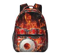 Ahdyr Rock Roll Drums Flame Drummer Skull Art Mochila Poliéster duradero Antirrobo Mochila multiusos Mochila de viaje y deporte de gran capacidad Mochila con bolsillos laterales