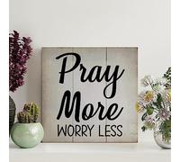 Ahee Letrero de estaño vintage con texto en inglés "Pray More Worry Less vintage", placa motivacional, arte de pared rústico, decoración de pared para sala de estar, cocina, letreros colgantes de